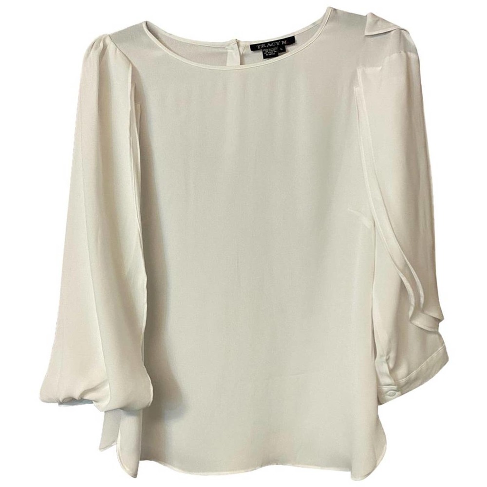 TRACY M TULIP SLEEVES WHITE POLY TOP BLOUSE M